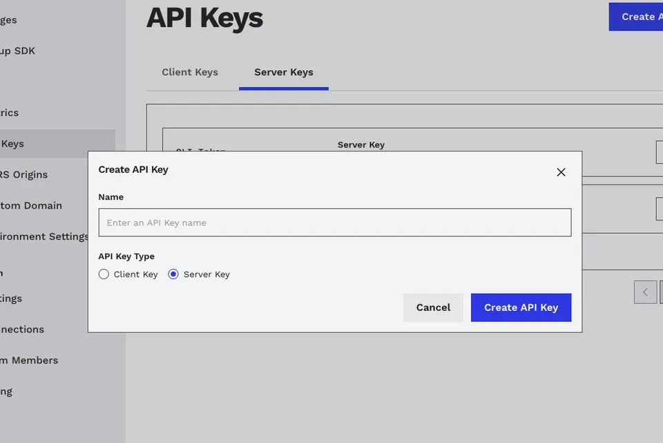 Create API Key dialog with Server Key selected in the Imgwire dashboard