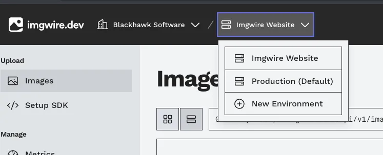 The Imgwire dashboard Environment dropdown with New Environment selected