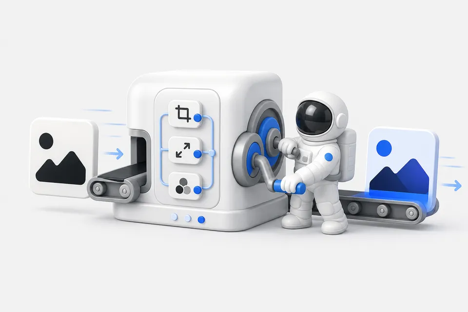Astronaut turning a crank on an image transformation machine with duotone output