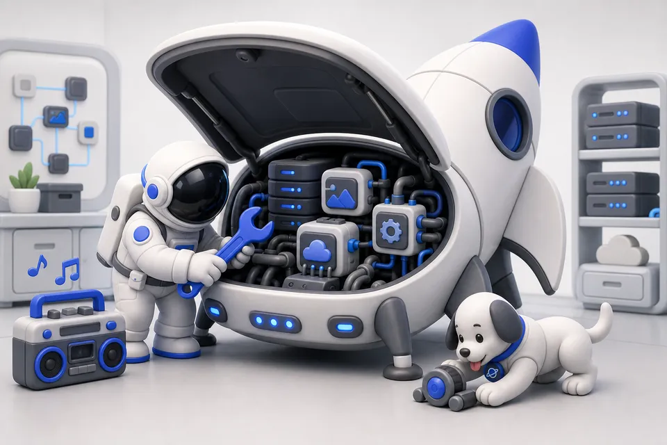 Astronaut mechanic working under an open rocket engine hood with a boombox and dog nearby