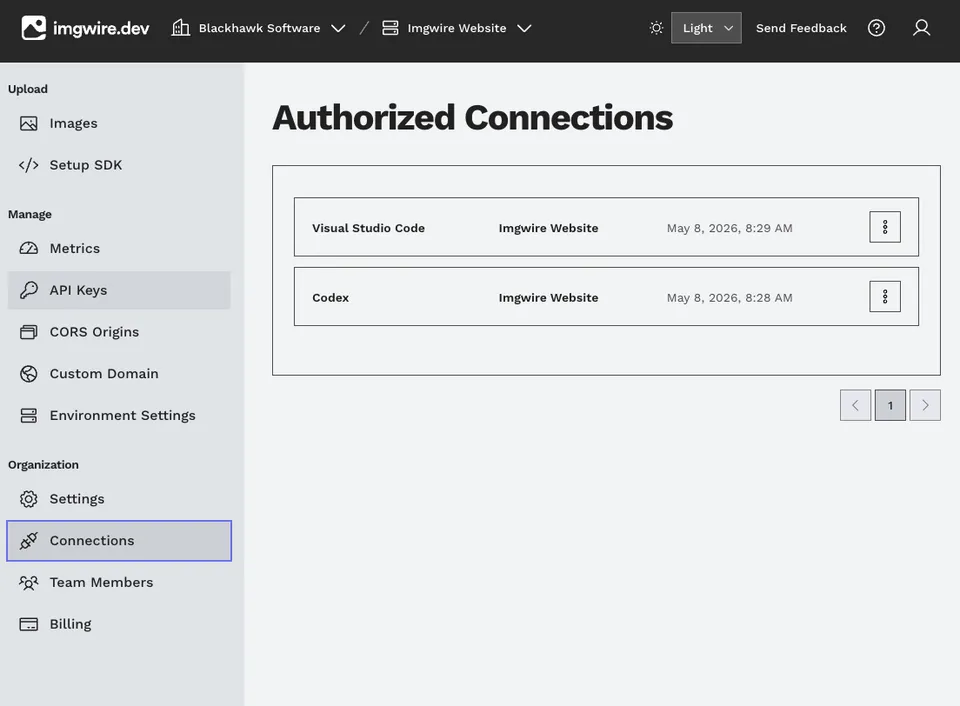 Authorized Connections page in the Imgwire dashboard showing Codex and Visual Studio Code connections