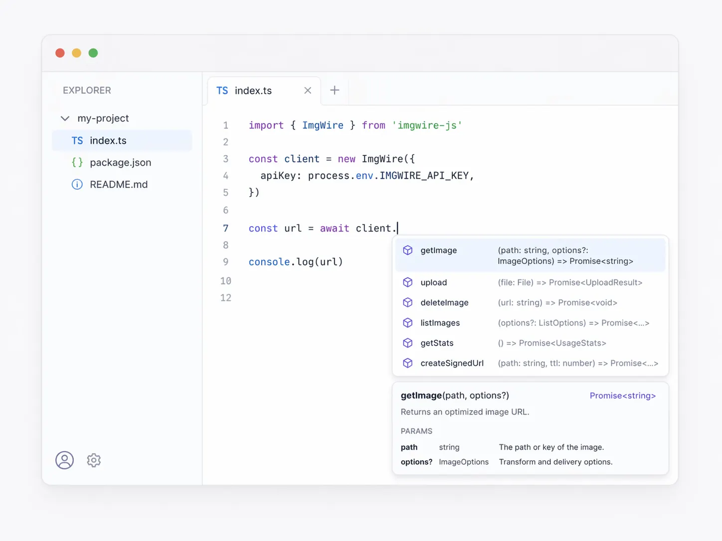 A code editor with SDK autocomplete and type hints