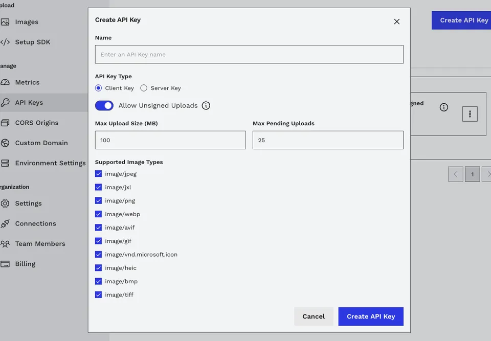 Create API Key dialog with Client Key selected and unsigned uploads enabled
